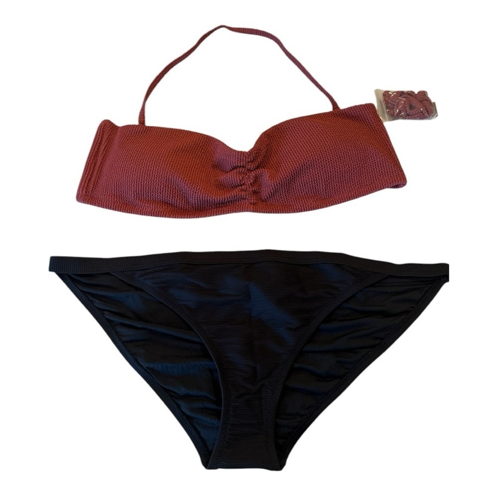 J. Crew Chi Terra Cotta Scrunchie sweetheart bikini top & Black Hipster Bottoms
